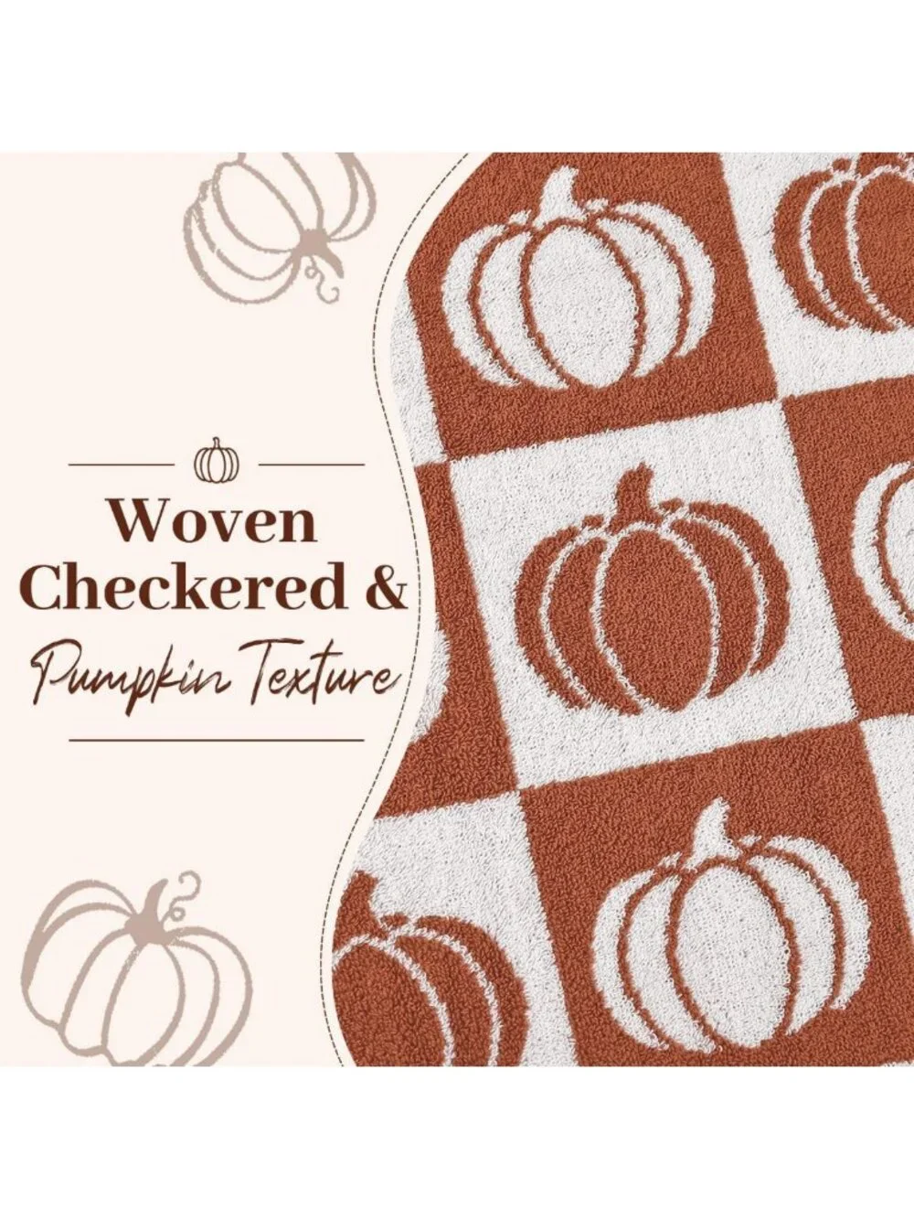 Cozy Fall Bath Towels Set of 2, Checkered & Pumpkin Design, Soft Cotton 27.5